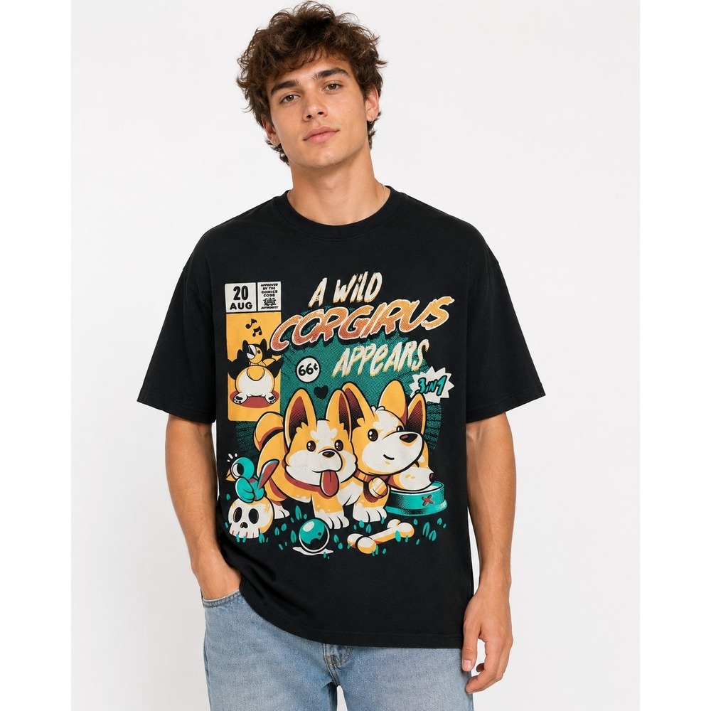 Threadless Ilustra A Wild Corgirus Appears Graphic Black T-Shirt Large New Cr80